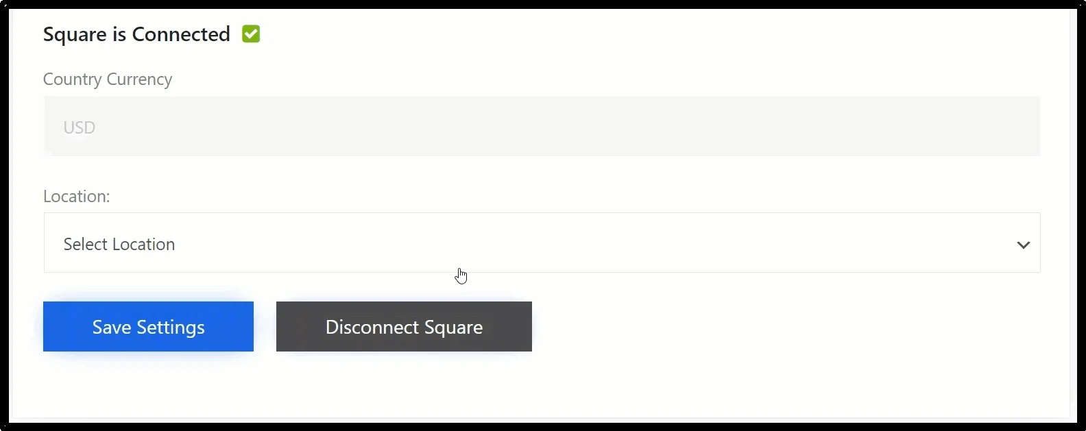 Default Test Account selected with Save Settings button