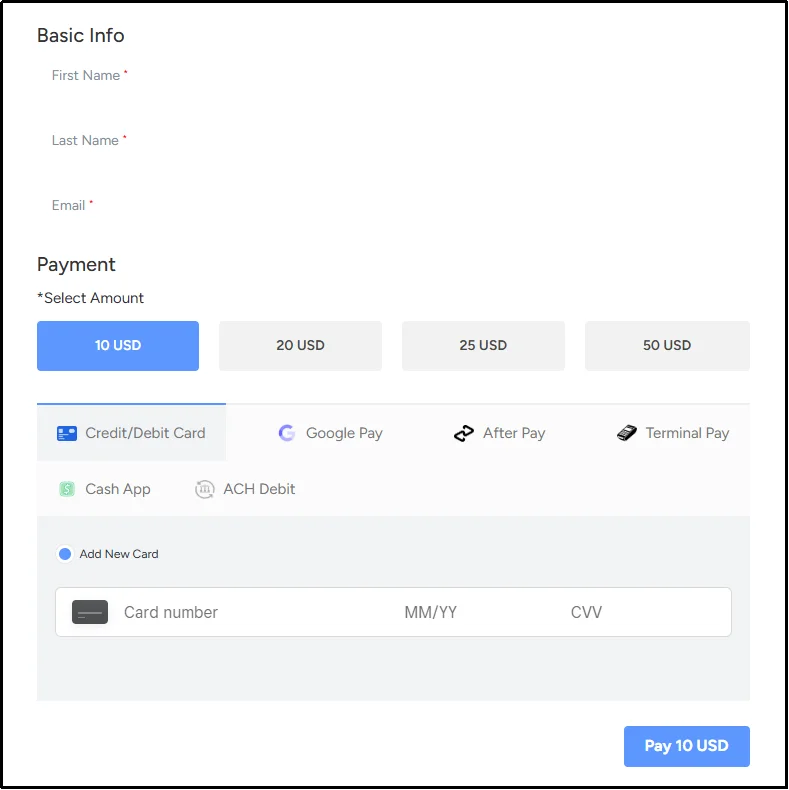 Square Sandbox test card entered in payment form