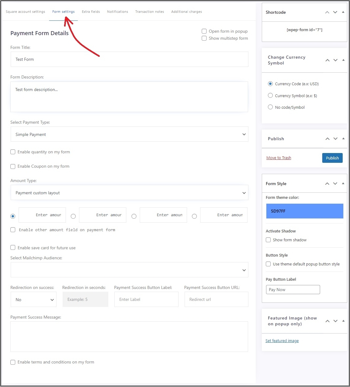 Form settings screen.