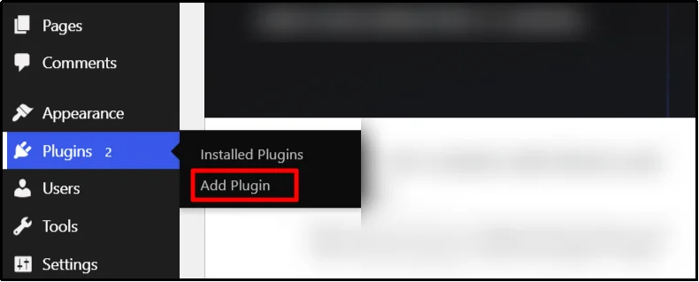 WordPress dashboard Plugins menu with Add Plugin option highlighted to install WP Easy Pay