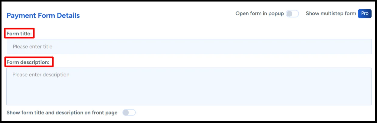 Form title and form description fields in WP Easy Pay payment form details
