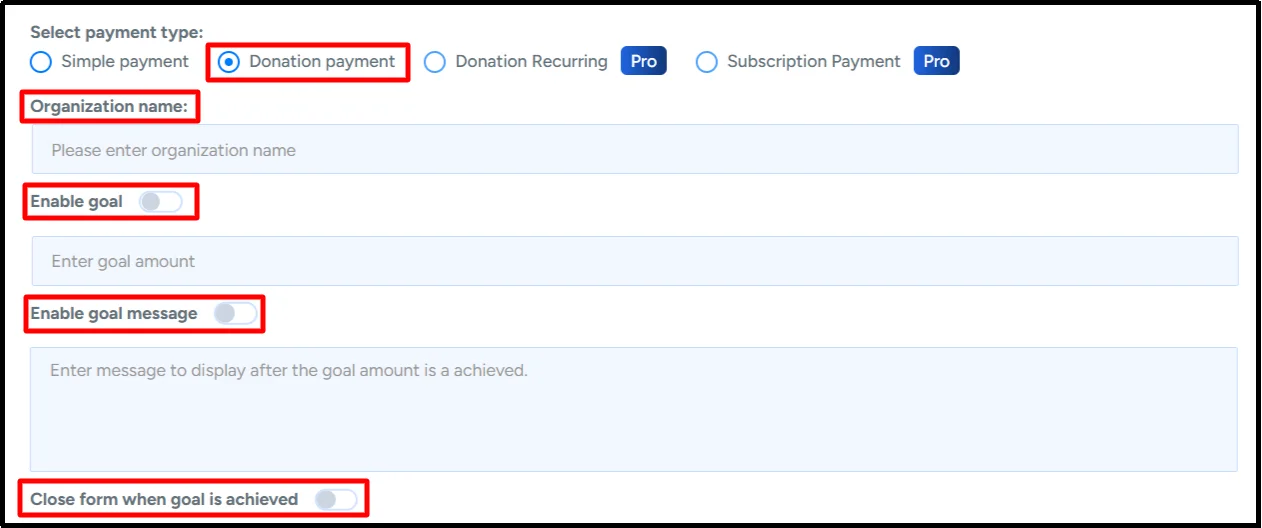 Donation payment type selected in WP Easy Pay with organization name and donation goal settings