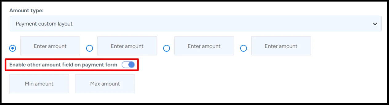Other amount field enabled with min and max amount fields to set minimum and maximum donation amounts in WordPress