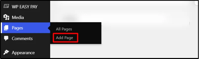 WordPress Pages menu with Add Page option highlighted to create a donation page