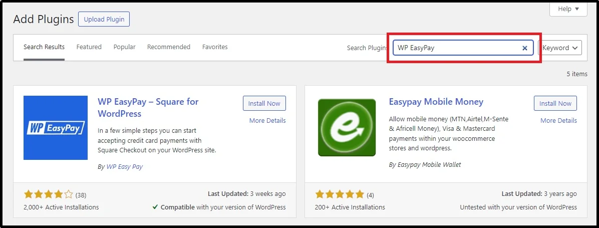 Search for WP EasyPay plugin in WordPress dashboard