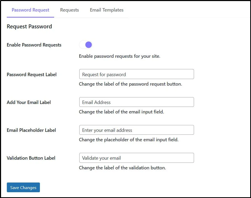 Password request sub-tab in WP EasyPay settings