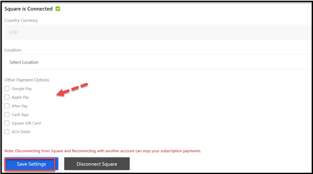Select payment options in WP EasyPay settings