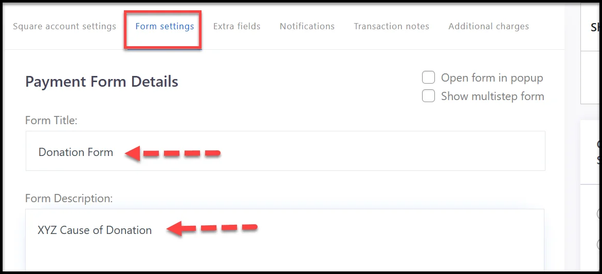 Form settings option inside WP EasyPay plugin