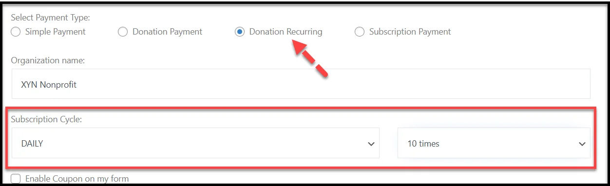 Select recurring donation option in WP EasyPay form