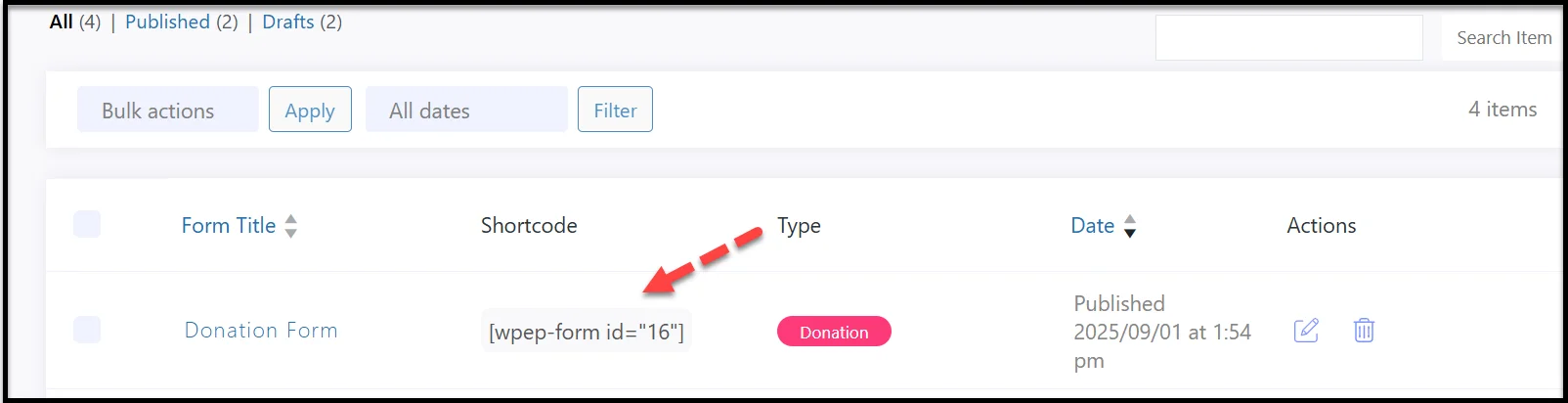 Copy shortcode for the created donation form