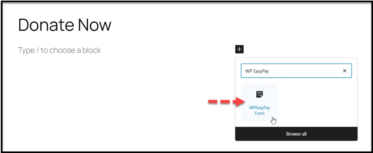 Using the WordPress block editor to insert donation form