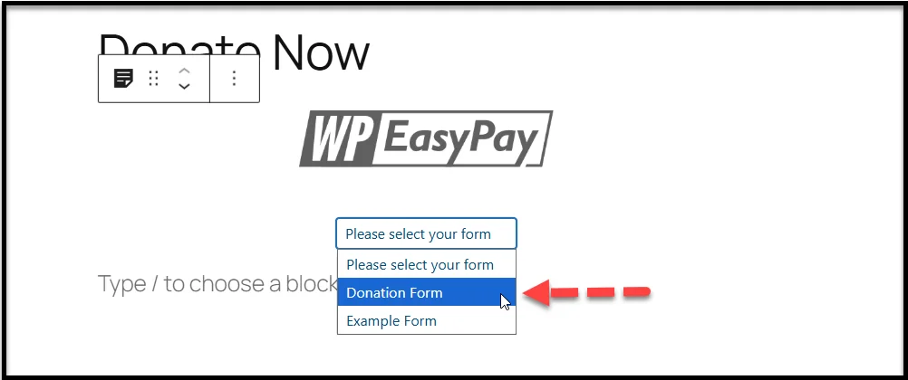 Choose donation form from dropdown menu in block editor