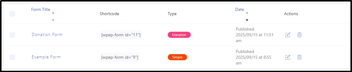 All Forms Settings screen in WP EasyPay plugin