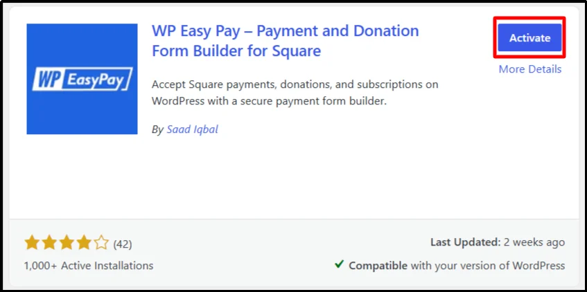 WP Easy Pay Payment and Donation Form Builder plugin with Activate button highlighted