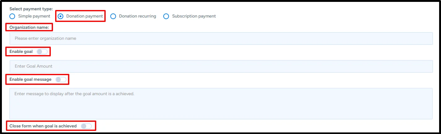 Donation payment settings to accept donations in WordPress with organization name and donation goal options