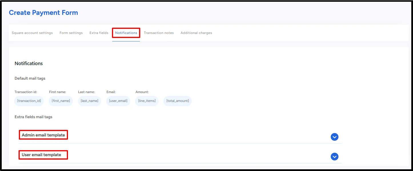 WP Easy Pay Notifications tab with admin and user email template settings
