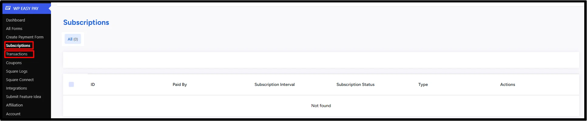WP Easy Pay Subscriptions screen with Subscriptions and Transactions menu options highlighted