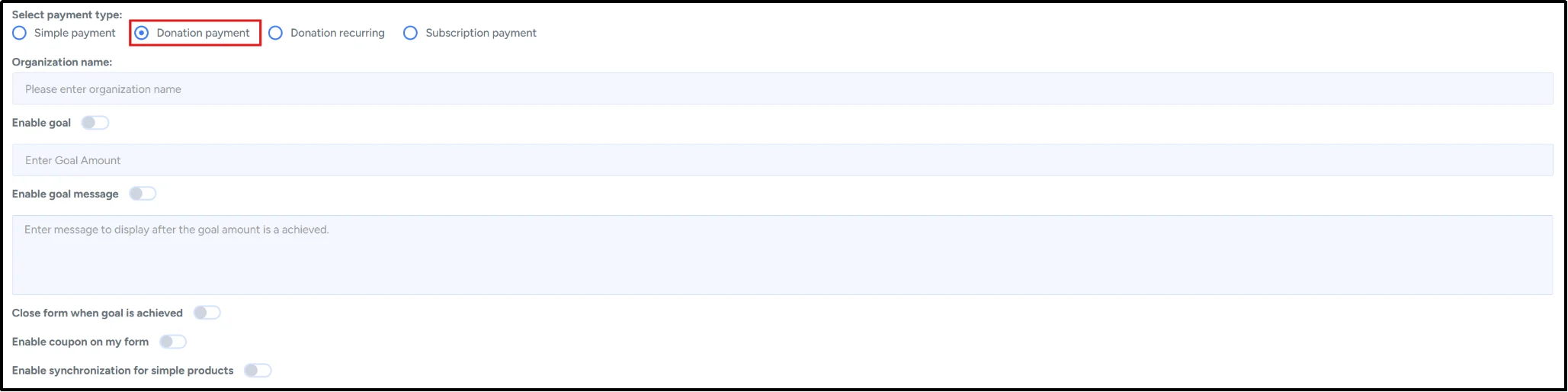 Donation payment fields with Enable Goal checkbox