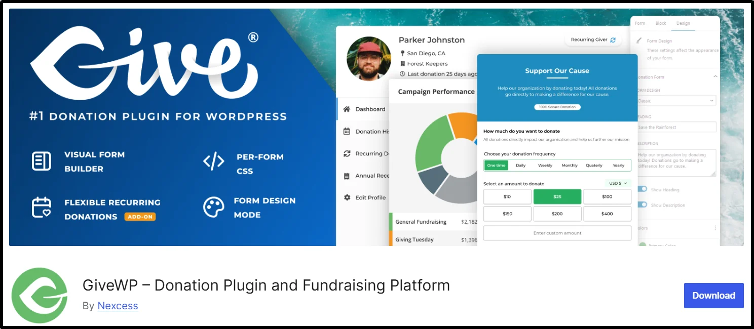 GiveWP plugin banner showing a donation form with recurring frequency options and a campaign performance dashboard