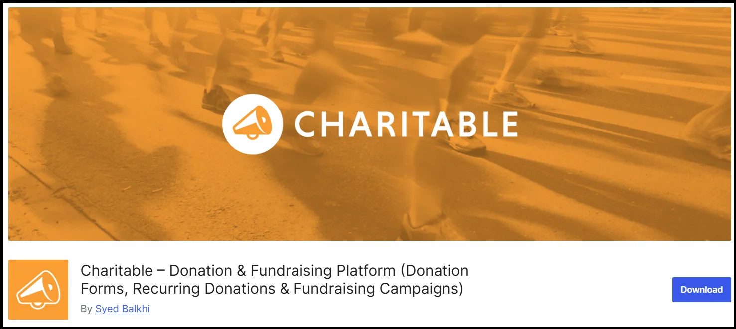 Charitable donation and fundraising plugin banner on WordPress.org, featuring a charity run background image