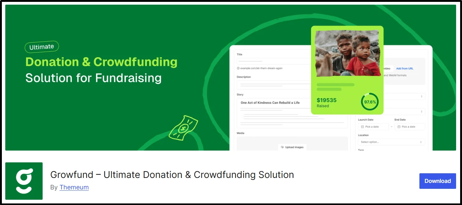 Growfund by Themeum banner showing a crowdfunding campaign editor with a 97.6% funded progress indicator