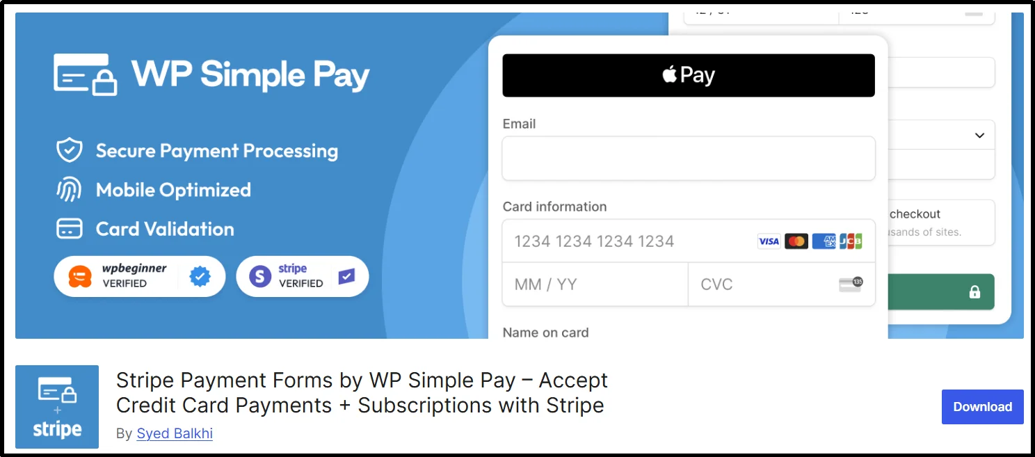 WP Simple Pay banner showing a Stripe checkout form with Apple Pay and card payment fields