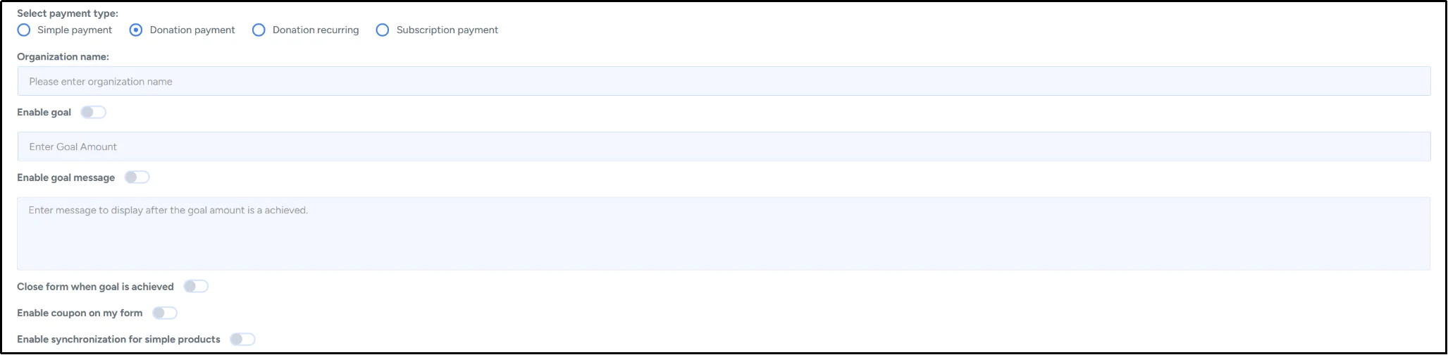 Payment Type dropdown set to Donation Payment