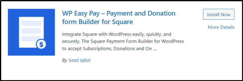 Typing “WP EasyPay” in the WordPress plugin search field