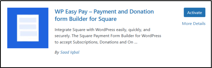 Clicking the Activate button for the WP EasyPay plugin