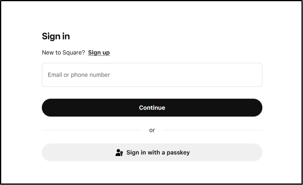 Signing in to Square using account credentials