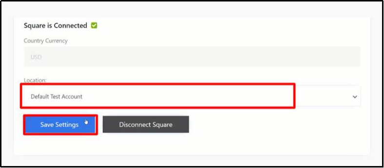Selecting the default Square test account