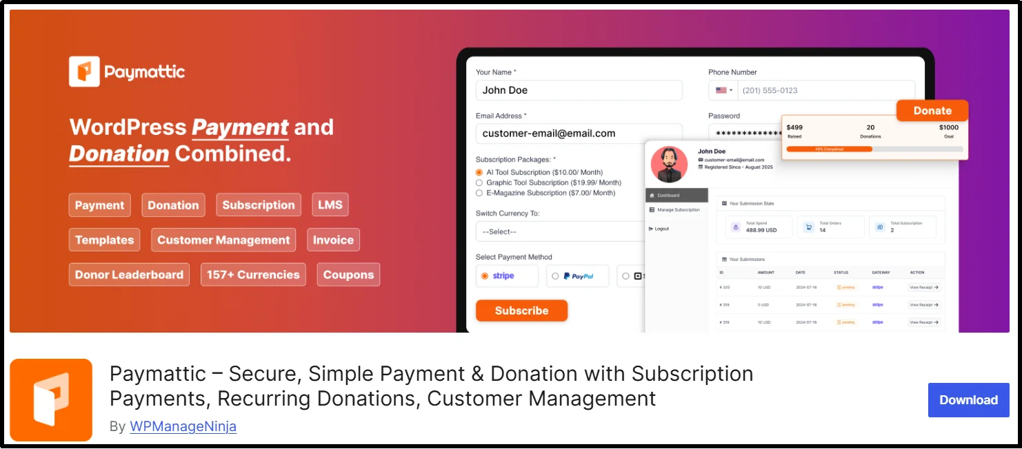Paymattic donation and payment plugin