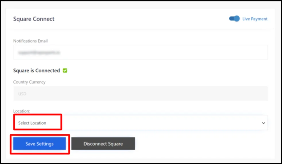 Square location dropdown menu