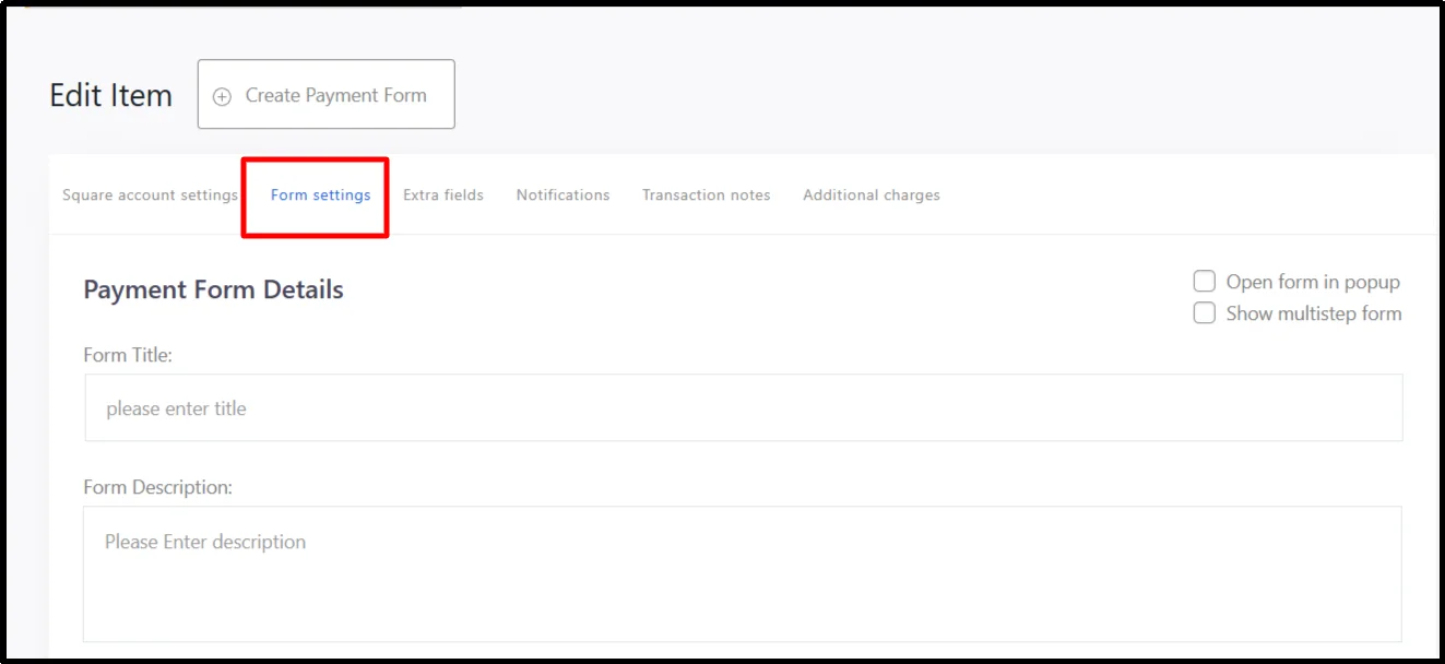 Open payment form settings tab