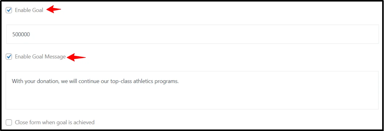 Enable donation goal checkbox