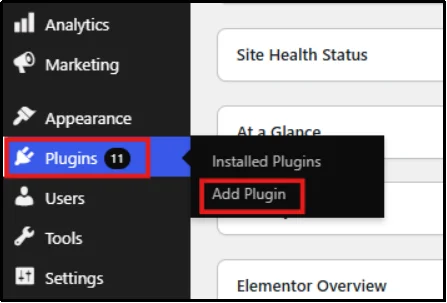 Navigating to Plugins then Add New from the WordPress admin dashboard sidebar