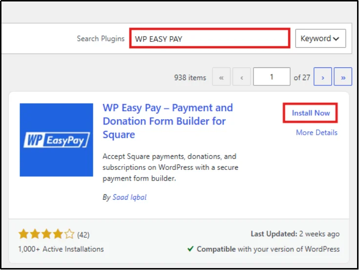 Searching for the WP Easy Pay plugin in the WordPress Add Plugins search bar