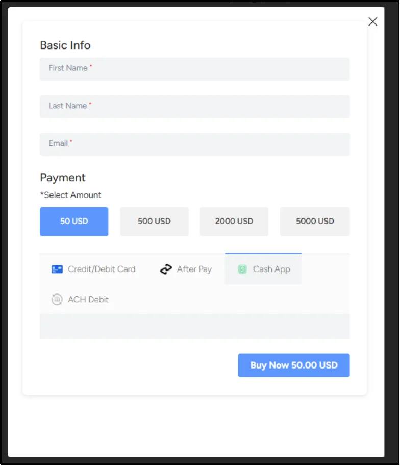 Square payment popup opening on the page after clicking the Buy Now button