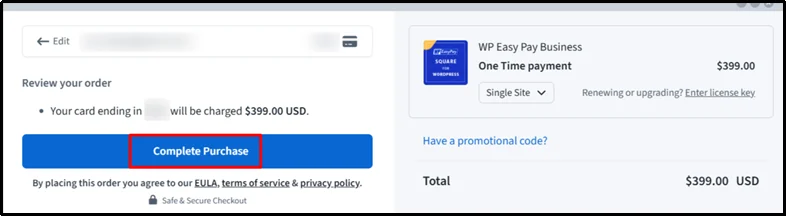 Click complete purchase to finalize the payment