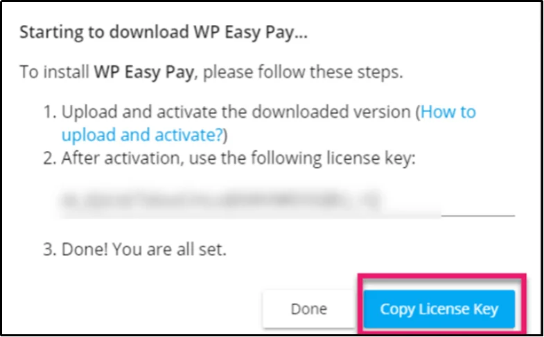 Copy the WP EasyPay license key after purchase