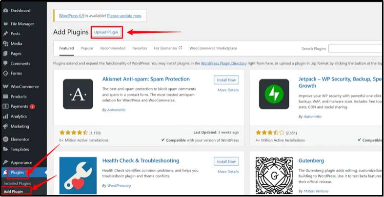 Select upload plugin option in WordPress dashboard