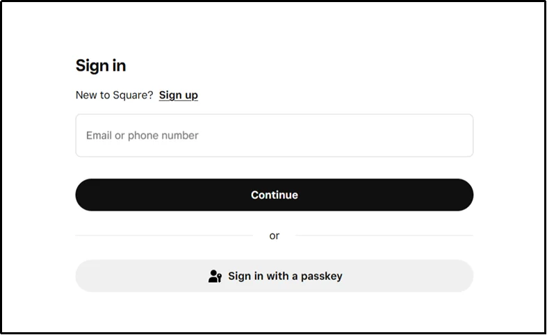Square login screen for account authorization
