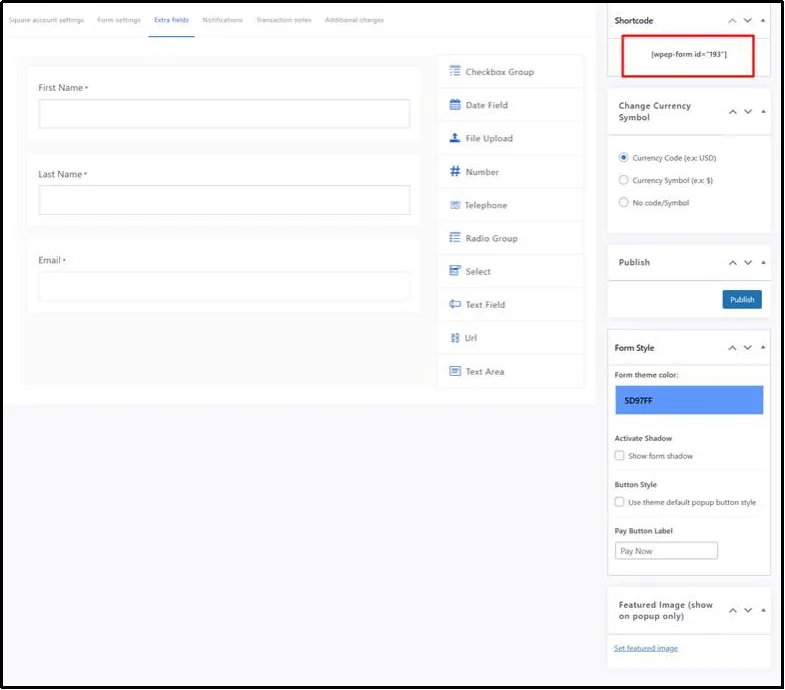 Copy the payment form shortcode
