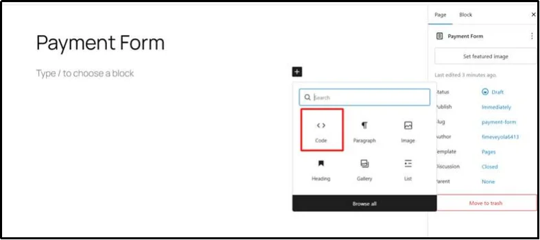 Paste WP EasyPay shortcode into WordPress page