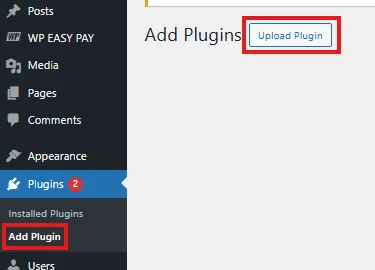 Upload the plugin option in WordPress dashboard