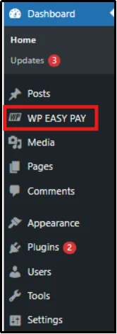 WordPress dashboard sidebar showing plugin options