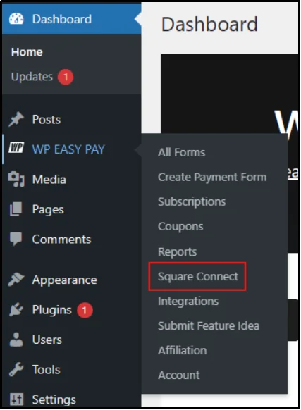 Click Square Connect option from WP EasyPay menu