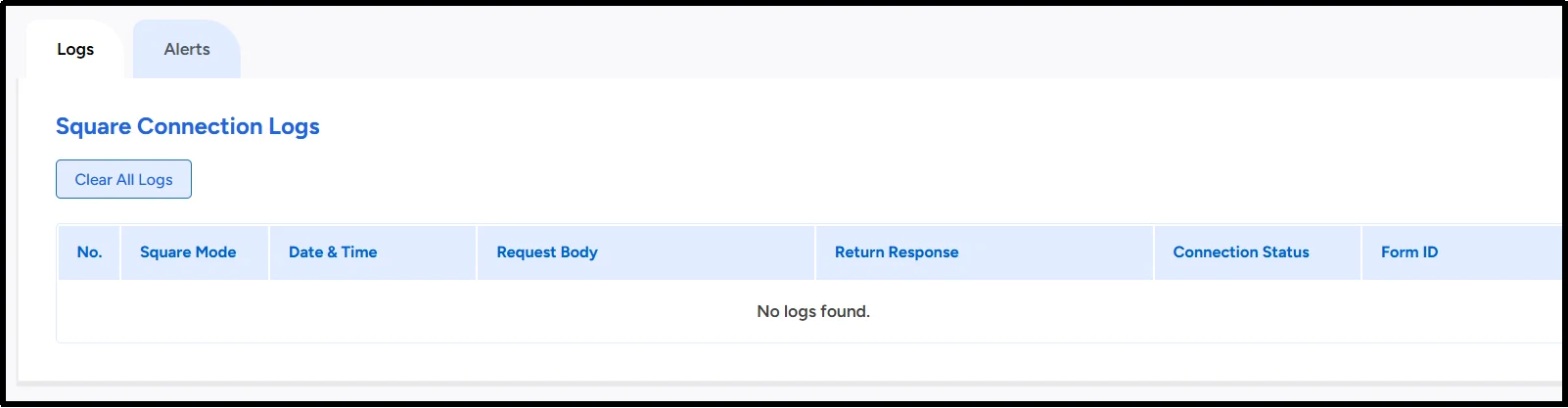 Connection logs table with status entries and timestamps