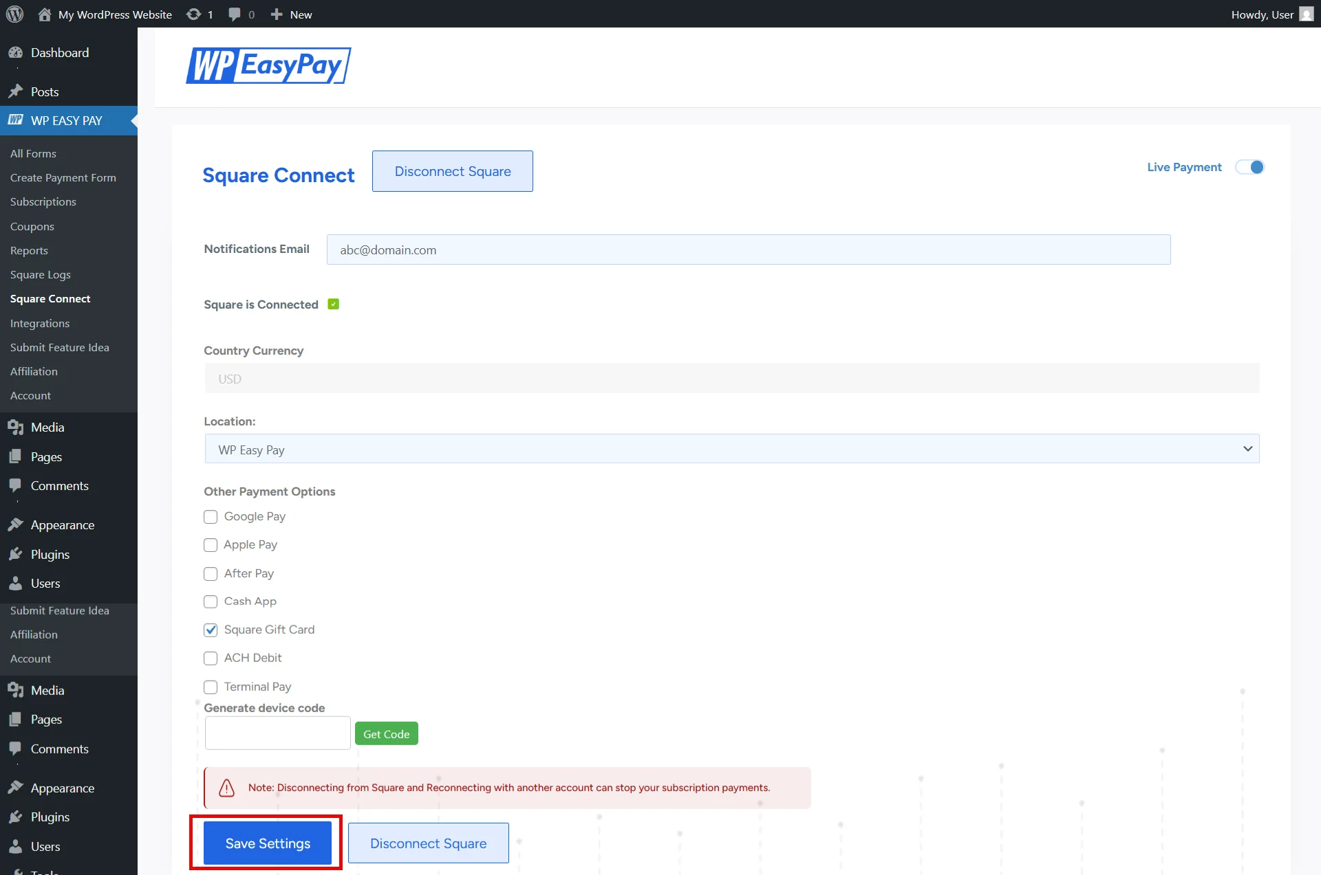 Square Gift Card Plugin for WordPress - WP EasyPay