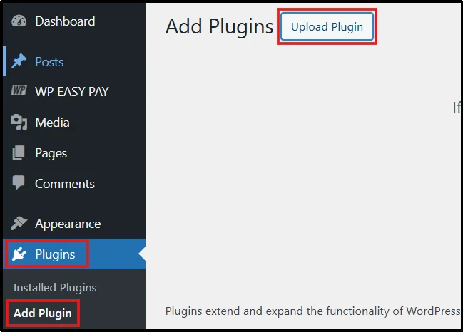 Upload plugin option in WordPress dashboard for subscription payment setup